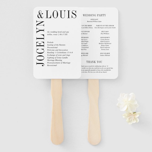 Jocelyn Black and White Modern Wedding Program Hand Fan (Front and Back)