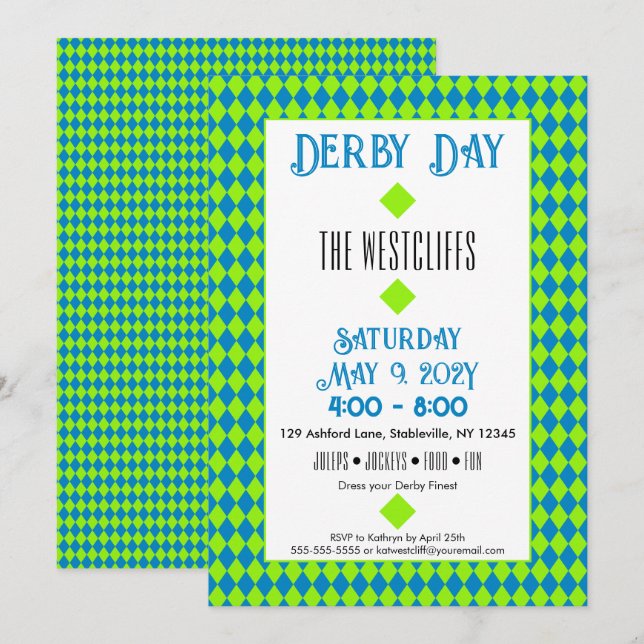 Jockey Silk Diamonds Green and Blue Derby Invitation (Front/Back)