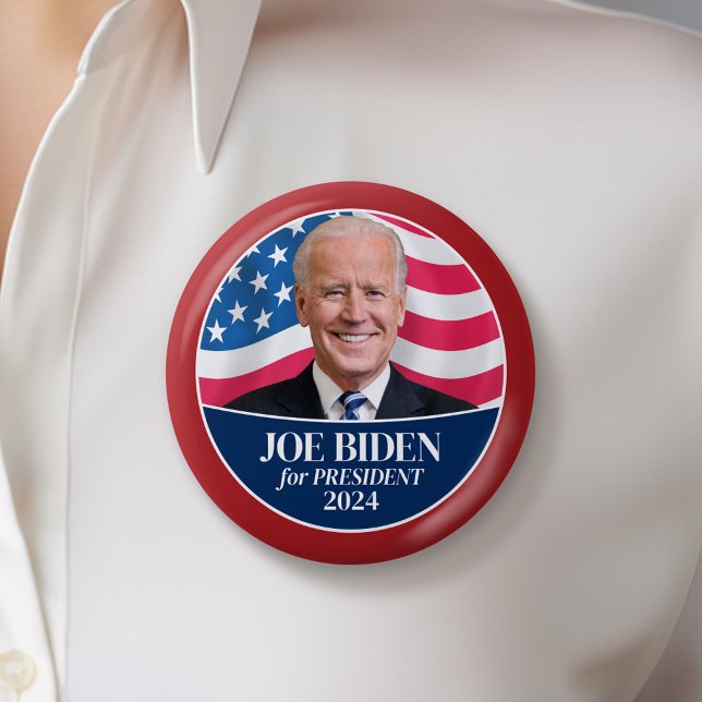 Joe Biden 2024 Photo - American Flag red border  2 Inch Round Button (Biden Harris Campaign Button - Great Rally button for the Next Election)