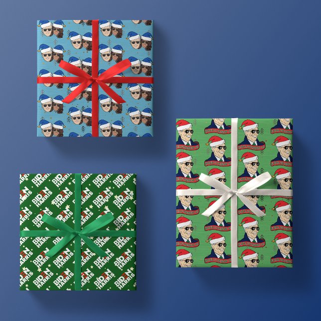 Joe Biden Kamala Harris Blue Christmas Trio Gift Wrapping Paper Sheet (Creator Uploaded)