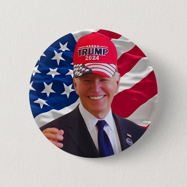 Joe biden Wearing A Trump Hat 2 Inch Round Button (Front)