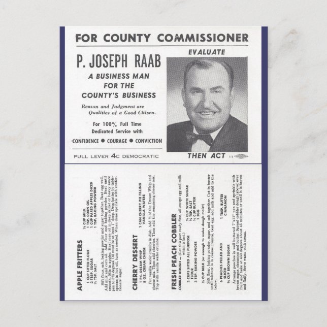 Joe Raab's Orchard Recipes & Political Ad Postcard (Front)