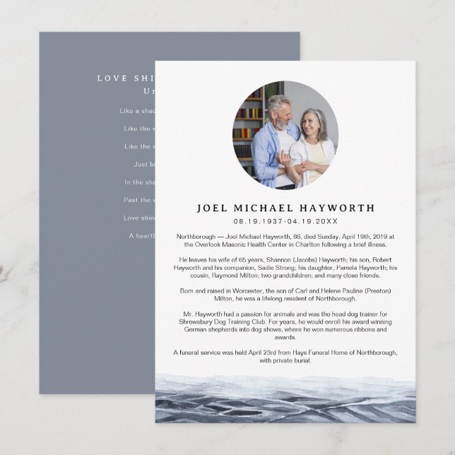 JOEL Minimalist Ocean Water Photo Obituary Card (Front/Back)