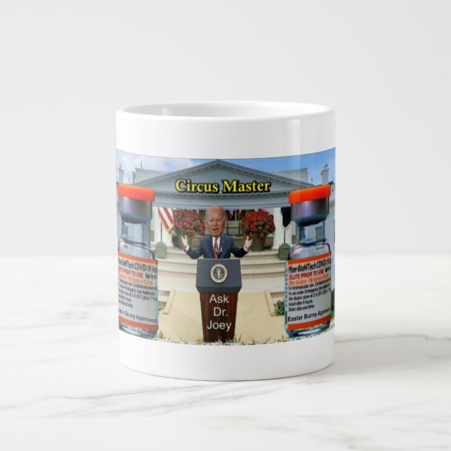 Joey at the helm dispensing Covid. info.  Large Coffee Mug (Front)