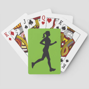 jogging woman playing cards