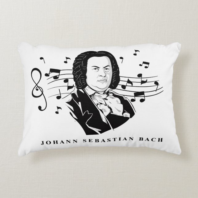 Johann Sebastian Bach Portrait and Bust with Notes Accent Pillow (Front)