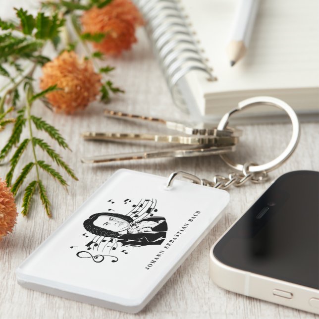 Johann Sebastian Bach Portrait and Bust with Notes Keychain (Front Right)