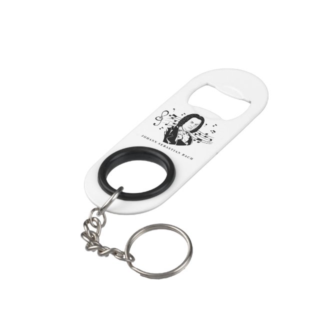 Johann Sebastian Bach Portrait and Bust with Notes Keychain Bottle Opener (Back Angled)