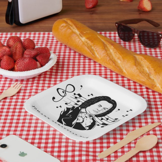 Johann Sebastian Bach Portrait and Bust with Notes Paper Plate (Picnic)