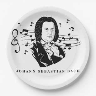 Johann Sebastian Bach Portrait and Bust with Notes Paper Plate