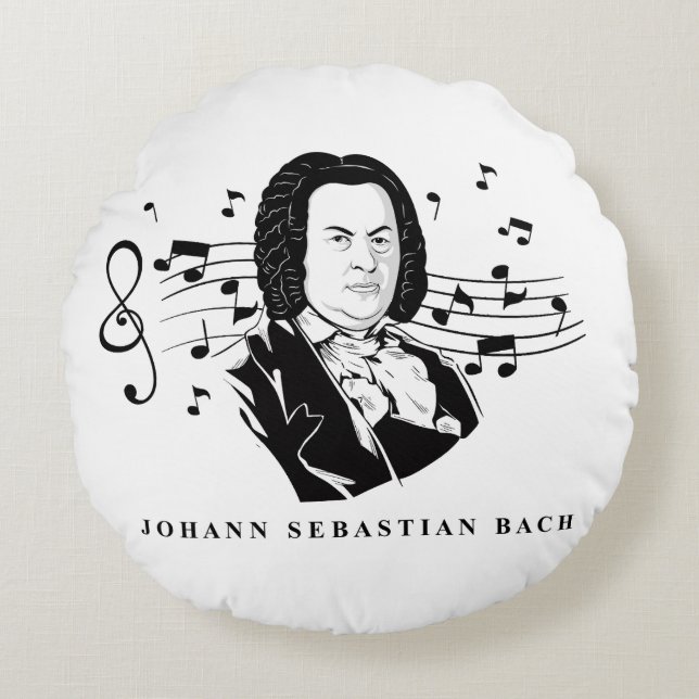 Johann Sebastian Bach Portrait and Bust with Notes Round Pillow (Front)