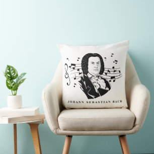 Johann Sebastian Bach Portrait and Bust with Notes Throw Pillow