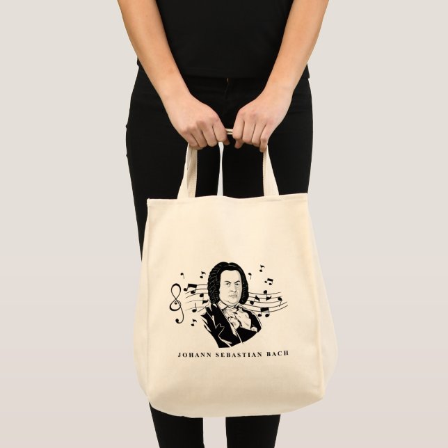 Johann Sebastian Bach Portrait and Bust with Notes Tote Bag (Front (Product))