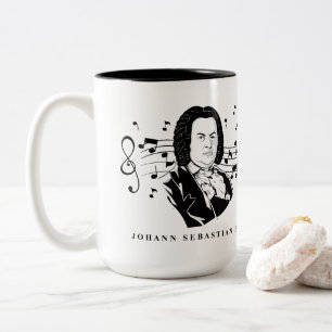 Johann Sebastian Bach Portrait and Bust with Notes Two-Tone Coffee Mug