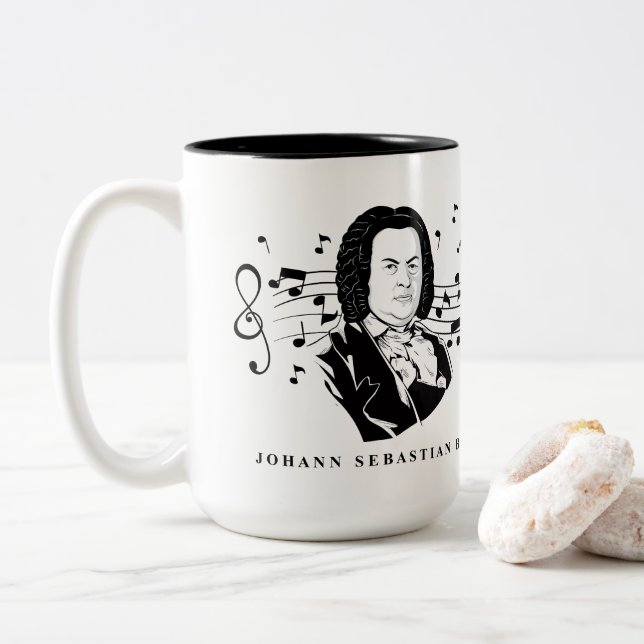 Johann Sebastian Bach Portrait and Bust with Notes Two-Tone Coffee Mug (With Donut)