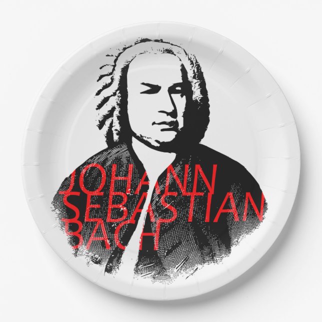 Johann Sebastian Bach portrait and red letters Paper Plate (Front)