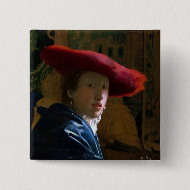 Johannes Vermeer - Girl with a Red Hat 2 Inch Square Button (Front)