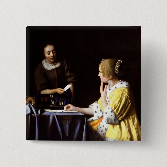 Johannes Vermeer - Mistress and Maid 2 Inch Square Button (Front)