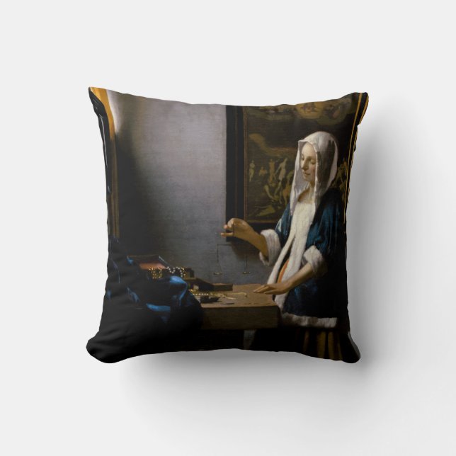 Johannes Vermeer - Woman Holding a Balance Throw Pillow (Front)