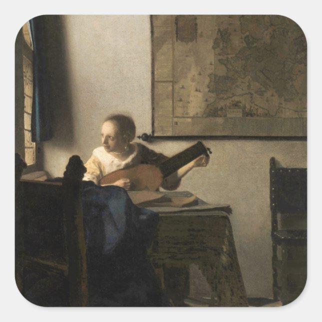 Johannes Vermeer - Young Woman with a Lute Square Sticker (Front)