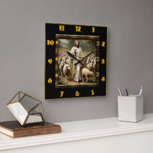 John 10:7 Golden Shepherd Loving Scene Square Wall Clock