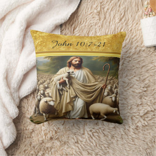 John 10:7 Good Shepherd Gold Design Throw Pillow
