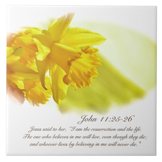 John 11:25-26, Easter, Spring Yellow Daffodils Tile (Front)