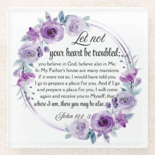 John 14:1-3 Bible Verse Purple Floral Glass Coaster