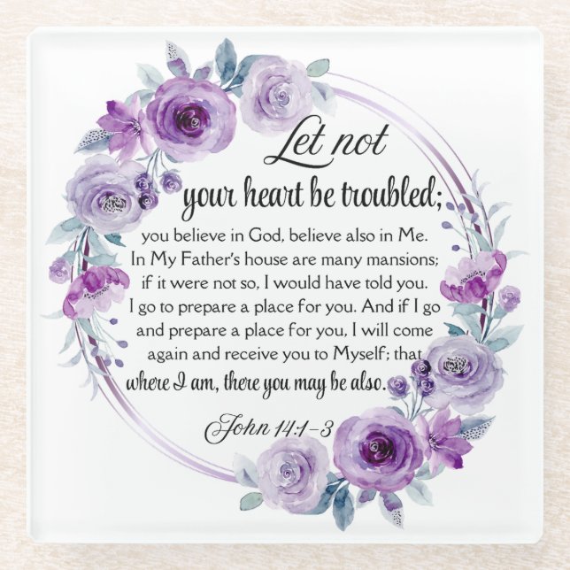 John 14:1-3 Bible Verse Purple Floral Glass Coaster (Front)