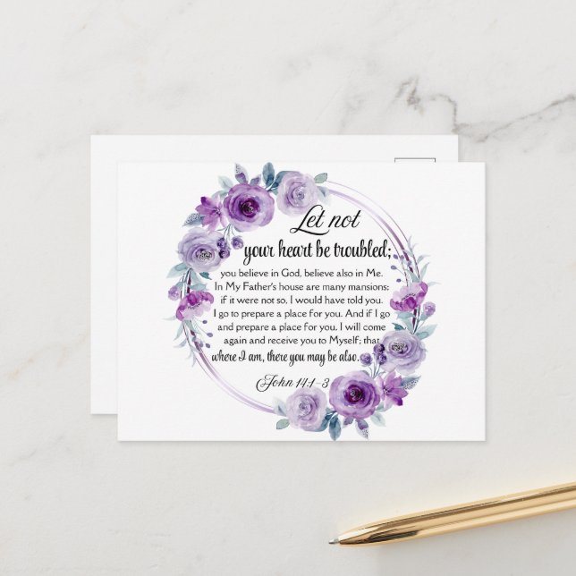 John 14:1-3 Bible Verse Purple Floral Postcard (Front/Back In Situ)