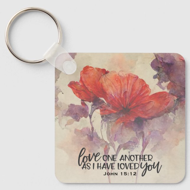 John 15:12 Love One Another Bible Verse Red Floral Keychain (Front)