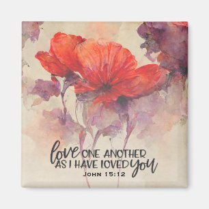 John 15:12 Love One Another Bible Verse Red Floral Magnet