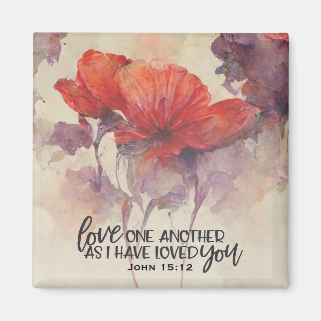 John 15:12 Love One Another Bible Verse Red Floral Magnet (Front)