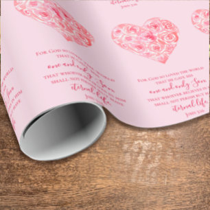 John 3:16 Bible Verse Watercolor Heart Valentines Wrapping Paper