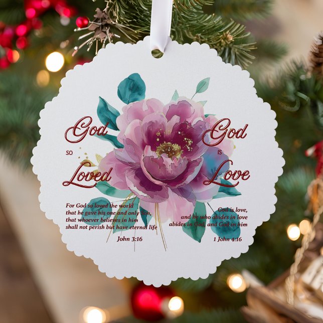 John 3 16 Bible Verse White Pink Floral Christian Ornament Card (Creator Uploaded)