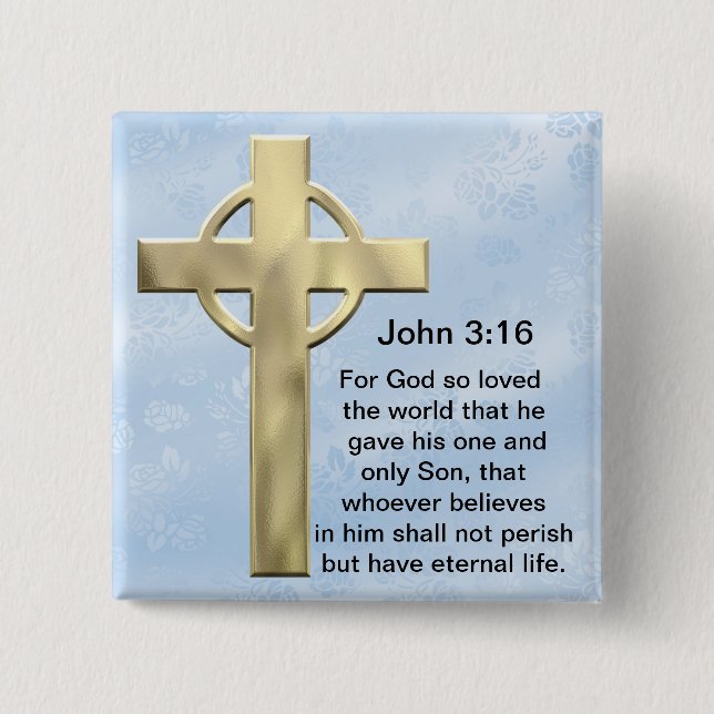 John 3:16 (blue) 2 inch square button (Front)