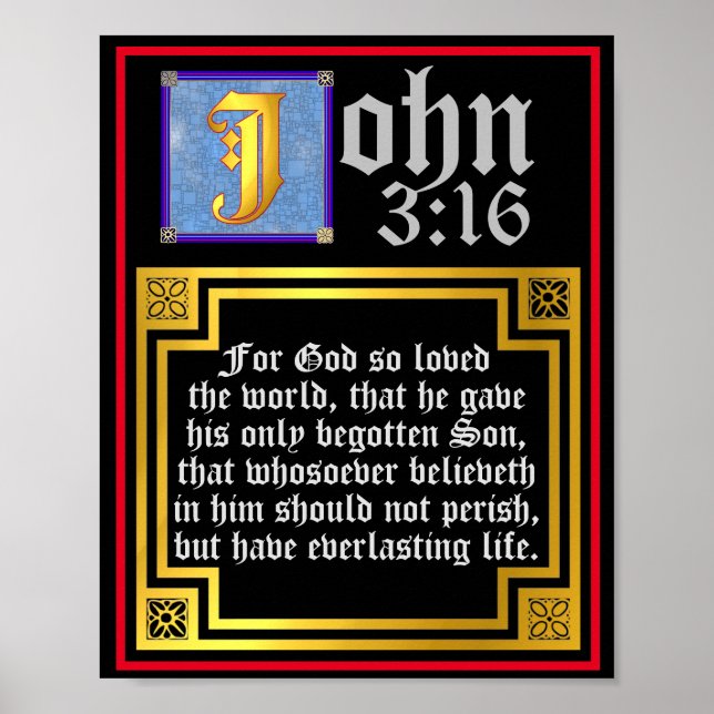 John 3:16 Blue Illuminated Letter Biblical Quote Poster (Front)