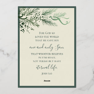 John 3:16 Elegant Modern Greenery Photo Christmas Foil Holiday Card