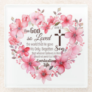 John 3:16 Floral Heart Bible Verse Glass Coaster