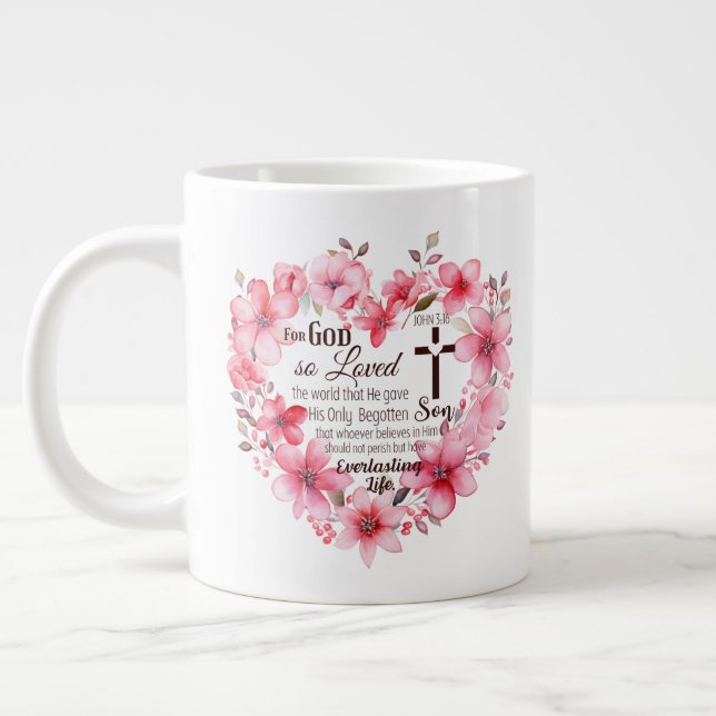 John 3:16 Floral Heart Bible Verse Large Coffee Mug (Left)