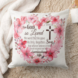 John 3:16 Floral Heart Bible Verse Throw Pillow
