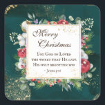 John.3:16 God so Loved the World, Christmas Square Sticker<br><div class="desc">Christmas inspirational quote sticker depicts a beautiful watercolor design with a dark green background,  decorative bulbs,  flowers,  red berries and gold splashes. It features a portion of Bible Verse John 3:16,  "For God so Loved the world that He gave His only begotten son."_</div>