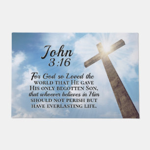 John 3:16 God so Loved the World Wooden Cross Doormat