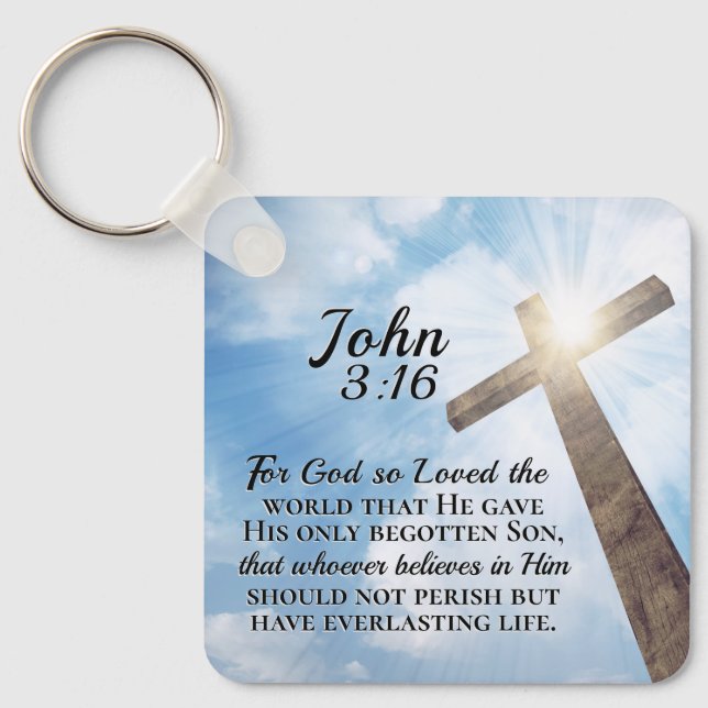John 3:16 God so Loved the World Wooden Cross Keychain (Front)
