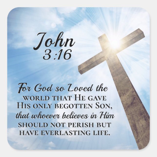 John 3:16 God so Loved the World Wooden Cross Square Sticker (Front)