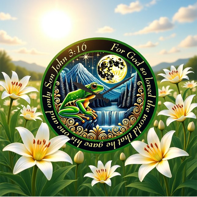 John 3:16 Golden Frog Hops Into Rustic Perfection Large Clock (Creator Uploaded)