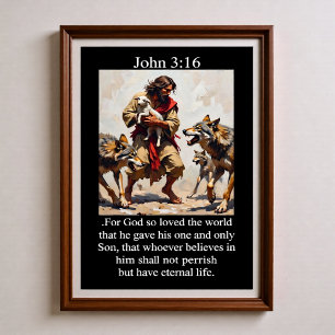 John 3:16 Good Shepherd Protecting Lamb From Wolve Poster