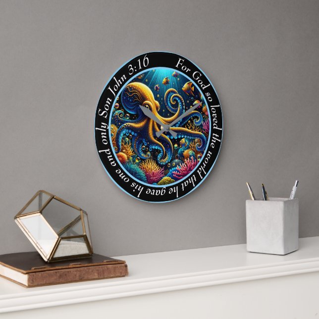 John 3:16 Jesus is Lord Octopus Reef Adventure Large Clock (Office)