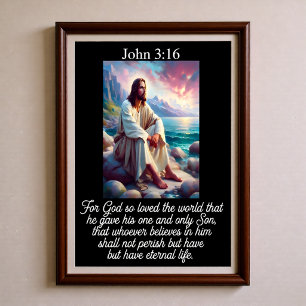 John 3:16 Jesus Sitting Rocky Coast Sunset Ocean Poster