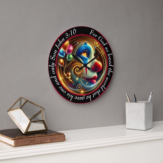 John 3:16 Jolly Clown with Red Nose and Balloons Large Clock (Office)